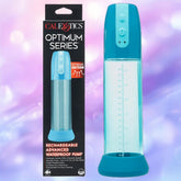The CalExotics Optimum Series Rechargeable Advanced Waterproof Pump, featuring blue and clear design with measurement markings, is pictured beside its black packaging against a softly lit purple and pink background.
